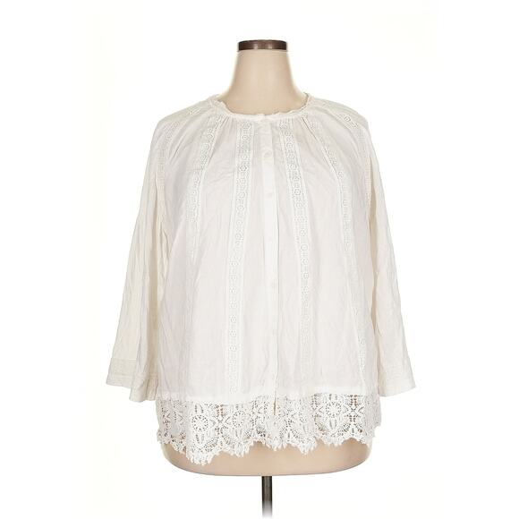 LOGO Lavish By Lori Goldstein Woven Button Front Top W/ Lace Trim Ivory 2X new - Picture 9 of 12